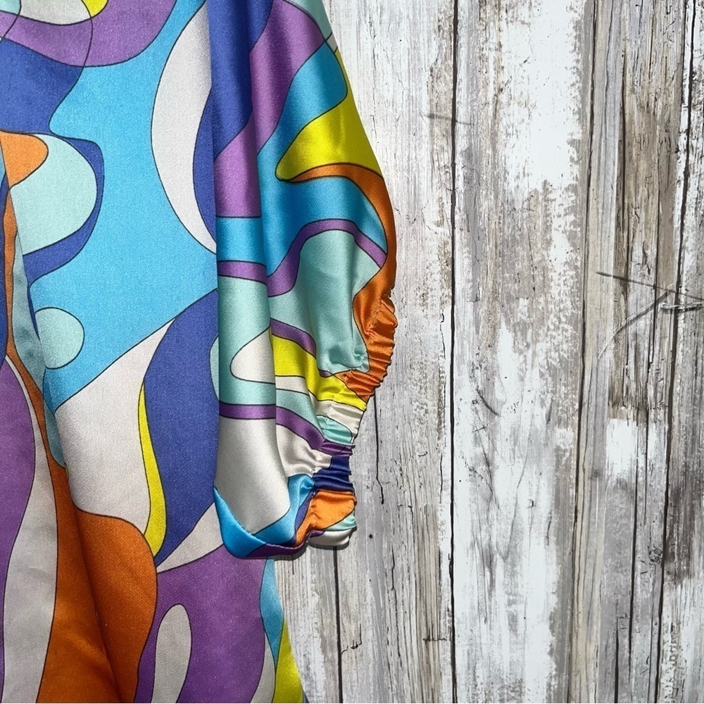 Adrienne Abstract Print Oversized Popover Blouse Blue Orange Purple Medium - Picture 2 of 5